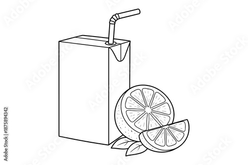 Juice box with straw and sliced citrus fruit line art illustration