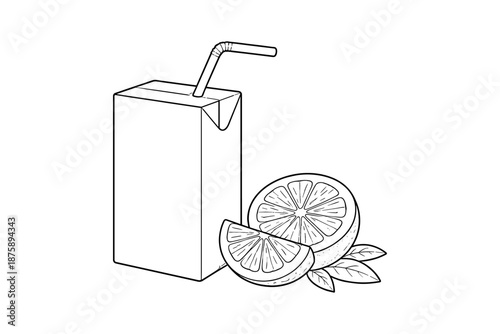 Black and white juice box with lemon slices illustration for coloring