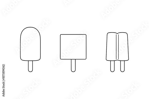 Minimalist outline of three ice creams: popsicle, square bar, rocket pop