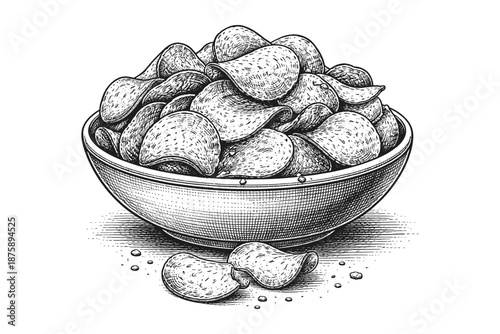 Hand-drawn bowl of crispy potato chips in black and white