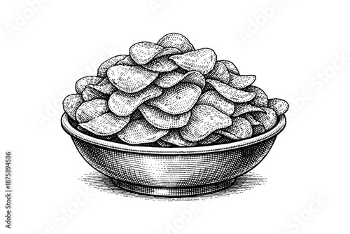 Vintage illustration of a bowl of potato chips in detailed black and white engraving style