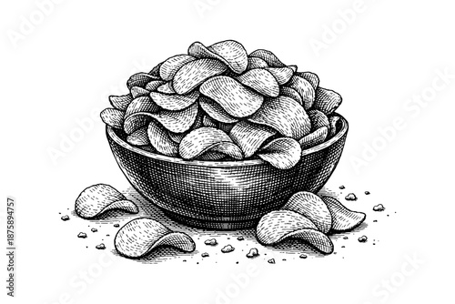 Black and white sketch of a bowl filled with potato chips