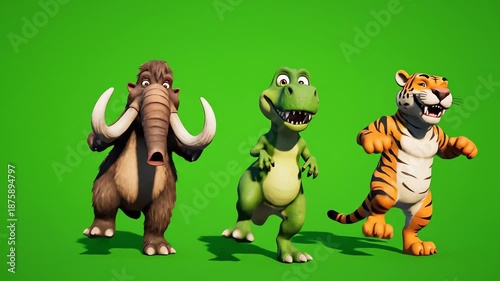 Three cheerful animated prehistoric creatures, including a woolly mammoth, a Tyrannosaurus Rex, and a saber toothed tiger, happily stand together and perform dynamic, expressive poses against.