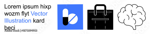 Medical services, business, creativity, health, pharmaceutical products, mental health. a pill, a briefcase and a brain icon. Medical services and business concept