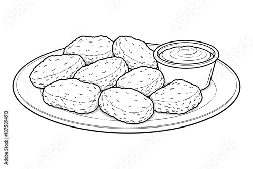 Plate of chicken nuggets and dipping sauce line art illustration