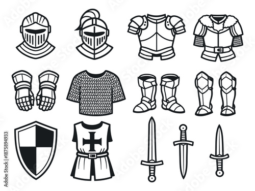 Line art medieval knight equipment set featuring helmets, armor, shield, and swords for historical or fantasy themed designs