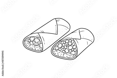 Black and white drawing of two burritos with detailed ingredients visible