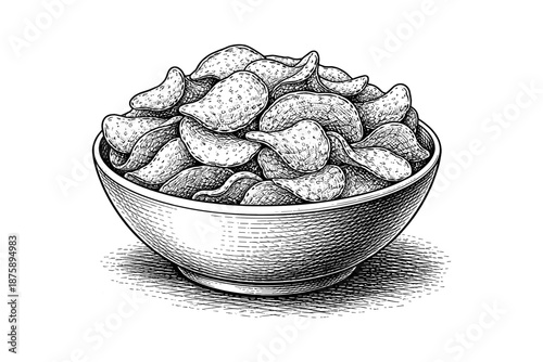 Hand-drawn bowl of crunchy potato chips in black and white illustration