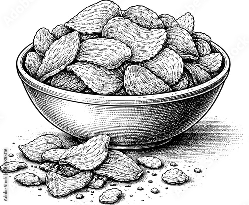 Black and white illustration of potato chips in a bowl