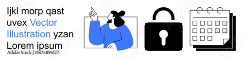 Security, organization, planning, data protection, digital tools, scheduling. A person gesturing alongside a padlock and a calendar icon. Security and organization concepts for planning and data