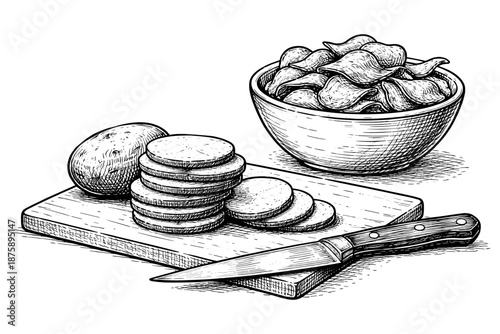 Sliced potatoes and chips in bowl with knife on cutting board