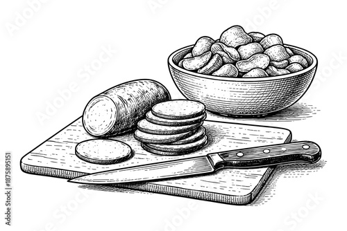 Engraved illustration of sliced potatoes and knife on cutting board with bowl