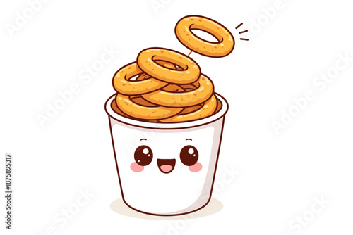 Cute cartoon onion rings in happy cup on white background