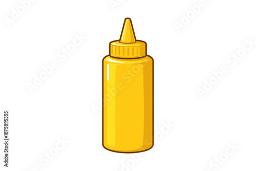 Yellow condiment bottle with pointed cap on white background