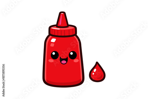 Cute red ketchup bottle illustration with smiling face and droplet