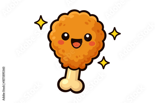 Cute cartoon chicken drumstick with smiling face and sparkles