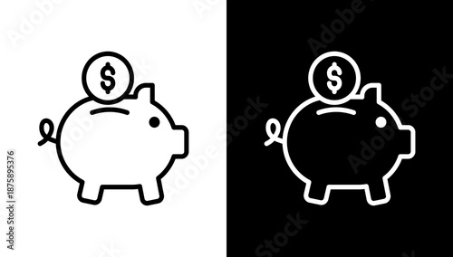 Piggy Bank White Icon Set Vector 