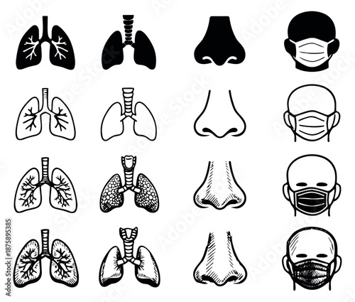 Various styles medical icon set featuring human lungs, noses, and heads with masks for health and hygiene concepts