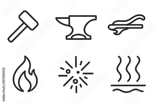 Firesteel Forge Icons. Line style icons of Firesteel Anvil Work: steel hammer, anvil block, red-hot rod, flame edge, spark ring,