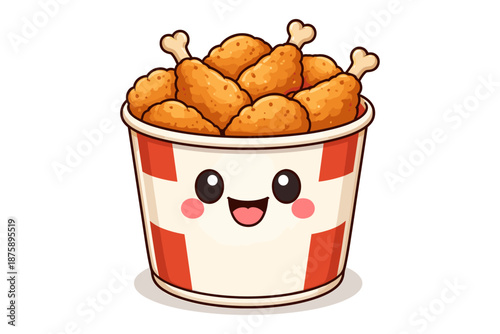 Cute cartoon chicken drumsticks in smiling bucket on white background