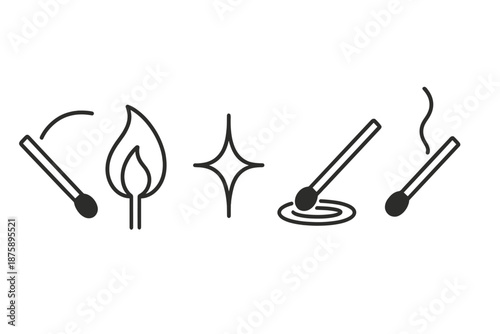 Ignition Match Icons. Line style icons of Ignition Match Scene: match arc, lit flame, spark shimmer, wooden body, ember ripple,