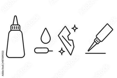 Adhesive Line Icons. Line style icons of Adhesive Repair Mark: slim bottle, bonding bead, repaired fragment, fix stroke, tip