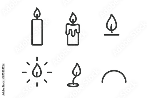 Candle Line Icons. Line style icons of Warmflame Wax: tall candle, melted wax, quiet flame, wick bend, halo shimmer, gentle arc.