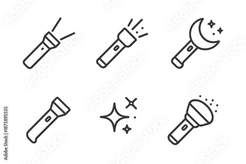 Nighttorch Line Icons. Line style icons of Nighttorch Glow: slim torch, glowing beam, night arc, handle bend, lens flare, soft