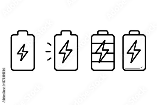 Charged Power Icons. Line style icons of Charged Power Unit: battery trace, spark mark, stacked bars, cap detail, glow sweep,