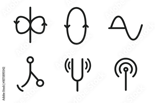 Electromagnetic Wave Icons. Electromagnetic wave flow: Line style icons of EM field, magnetic loop, waveform arc, oscillation pole
