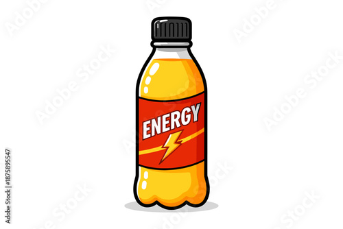 Yellow energy drink bottle with red label and lightning bolt design