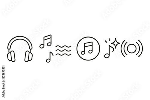 Harmony in Line Art. Melodic getaway: Line style icons of sleek headphones, floating notes, gentle waves, harmony icon, tune spark