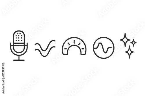Line Style Audio Icons. Clear vocal output: Line style icons of condenser mic, smooth waves, clarity arc, sound lift, resonance