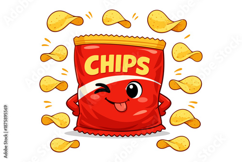 Cheerful cartoon chips bag with playful potato chips
