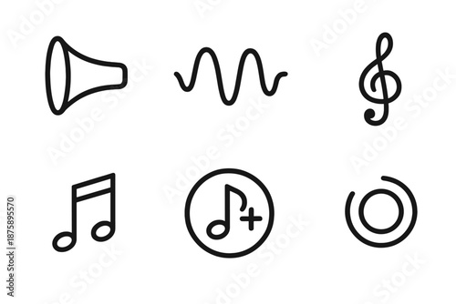 Brass Instrument Harmony. Brass instrument harmony: Line style icons of brass bell, tone wave, valve plate, harmony mark, note