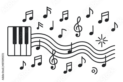 Musical Keyboard Icons. Keyboard melody flow: Line style icons of piano keys, flowing notes, rhythm bars, harmony line, tone spark
