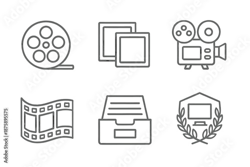 Vintage Cinema Icons. Motion picture legacy: Line style icons of legacy reel, picture frames, classic projector, film curve,