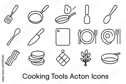 Cooking Tools Icons. Line style icons of Cooking Tools Action: spatula, frying pan, flipping omelette, skillet handle, wooden