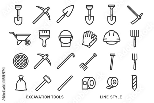 Excavation Tools Icons. Line style icons of excavation tools: Shovel, Pickaxe, Trowel, Spade, Hoe, Wheelbarrow, Brush, Bucket,