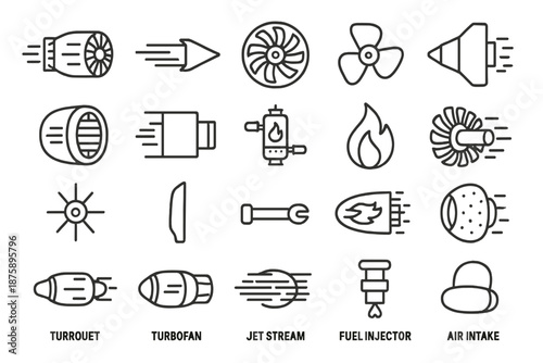 Jet Propulsion Icons. Line style icons of high-speed propulsion: Jet Engine, Thrust, Turbine, Fan, Nozzle, Intake, Exhaust,