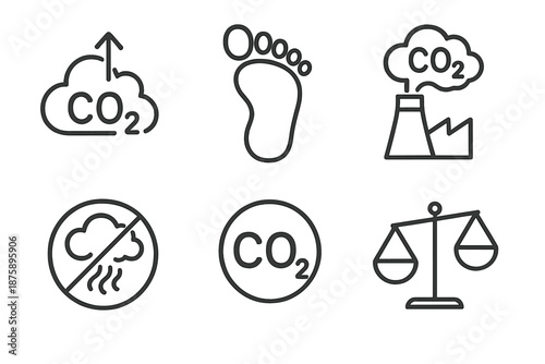 Carbon Emission Icons. Line vector icons of carbon-heavy contrast: rising CO₂ cloud, heavy footprint, emission spike icon,