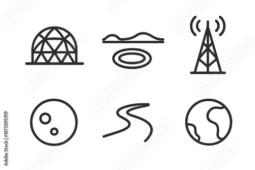 Mars Base Icons. Line vector icons of a Mars surface base symbol: habitat dome, Mars horizon, landing pad, antenna mast, rover