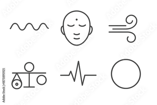 Mindful Respiration Icons. Line vector icons of mindful respiration: slow wave, meditative face, airy loop, balance crest, breath