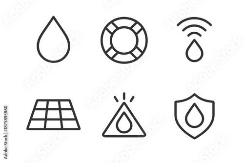 Water Safety Icons. Line vector icons of home water-safety monitor: droplet outline, safety ring, sensing waves, floor pattern,