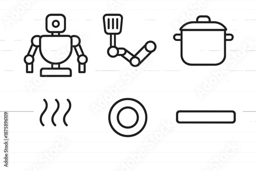 Automated Cooking Robot Icons. Line vector icons of an automated cooking robot: robotic torso, spatula arm, pot outline, heat-wave