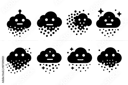 Robot Cloud Icons. Solid style icons of a fleeting robot cloud: dissolving nano haze, passing tech mist, evaporating swarm cluster