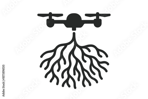 Neural River Mapping Drone. Solid style icons of an aerial vehicle mapping neural river patterns: drone over branching currents,