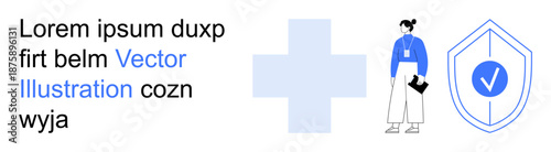 Medical services, healthcare security, identity verification, technology, protection, safety. A person stands beside a shield with a check mark and a cross symbol. Healthcare and security focus