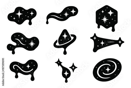 Celestial Nectar Icons. Solid style icons of celestial nectar networks: luminous fluid field, glowing starlight stream, radiant
