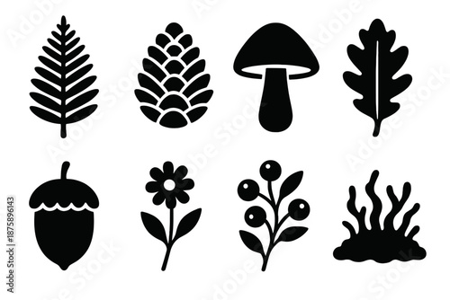 Woodland Plant Icons. Solid style icons of woodland plants: fern, pinecone, mushroom, oak leaf, acorn, wildflower, berry branch,